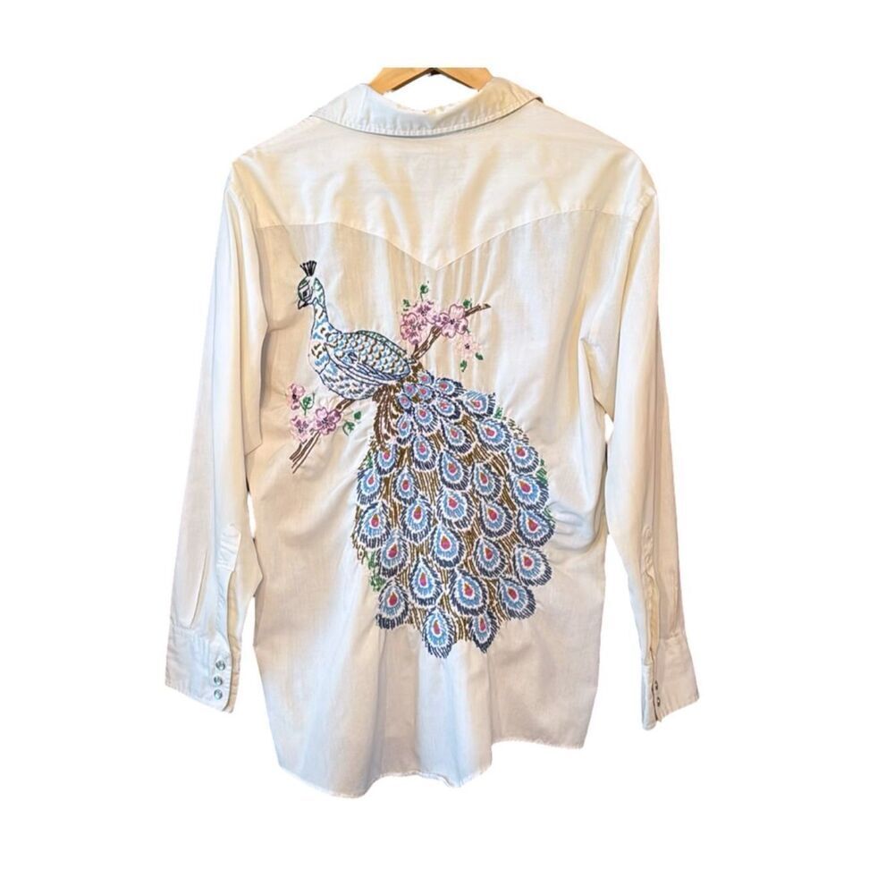 ATA Vintage 70s Authentic Western Pearl Snap Shirt Embroidered Peacock Floral Yo